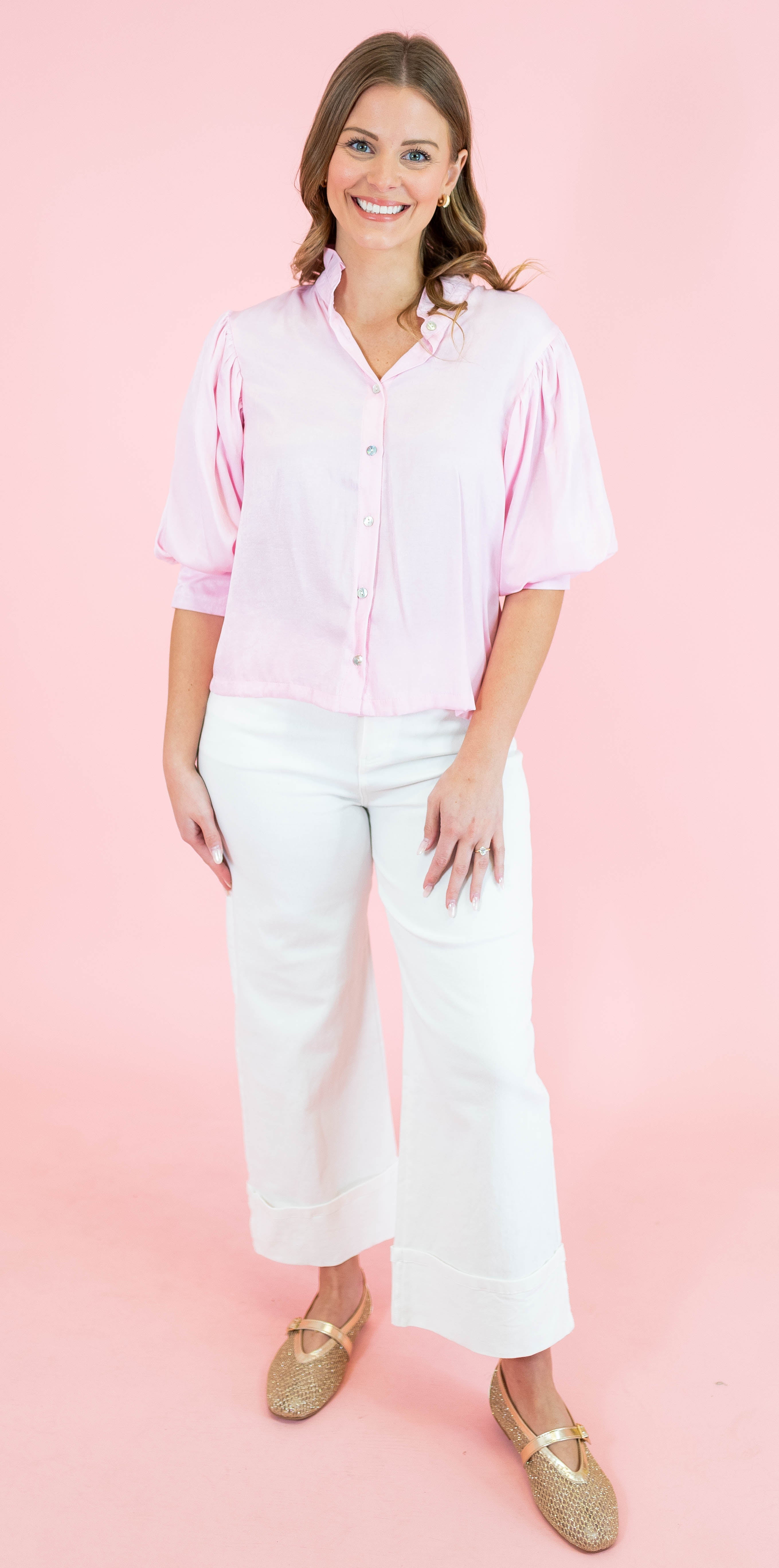 Ruffle Neck Puff Sleeve Blouse - Pink - Obsession Boutique