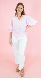 Ruffle Neck Puff Sleeve Blouse - Pink - Obsession Boutique