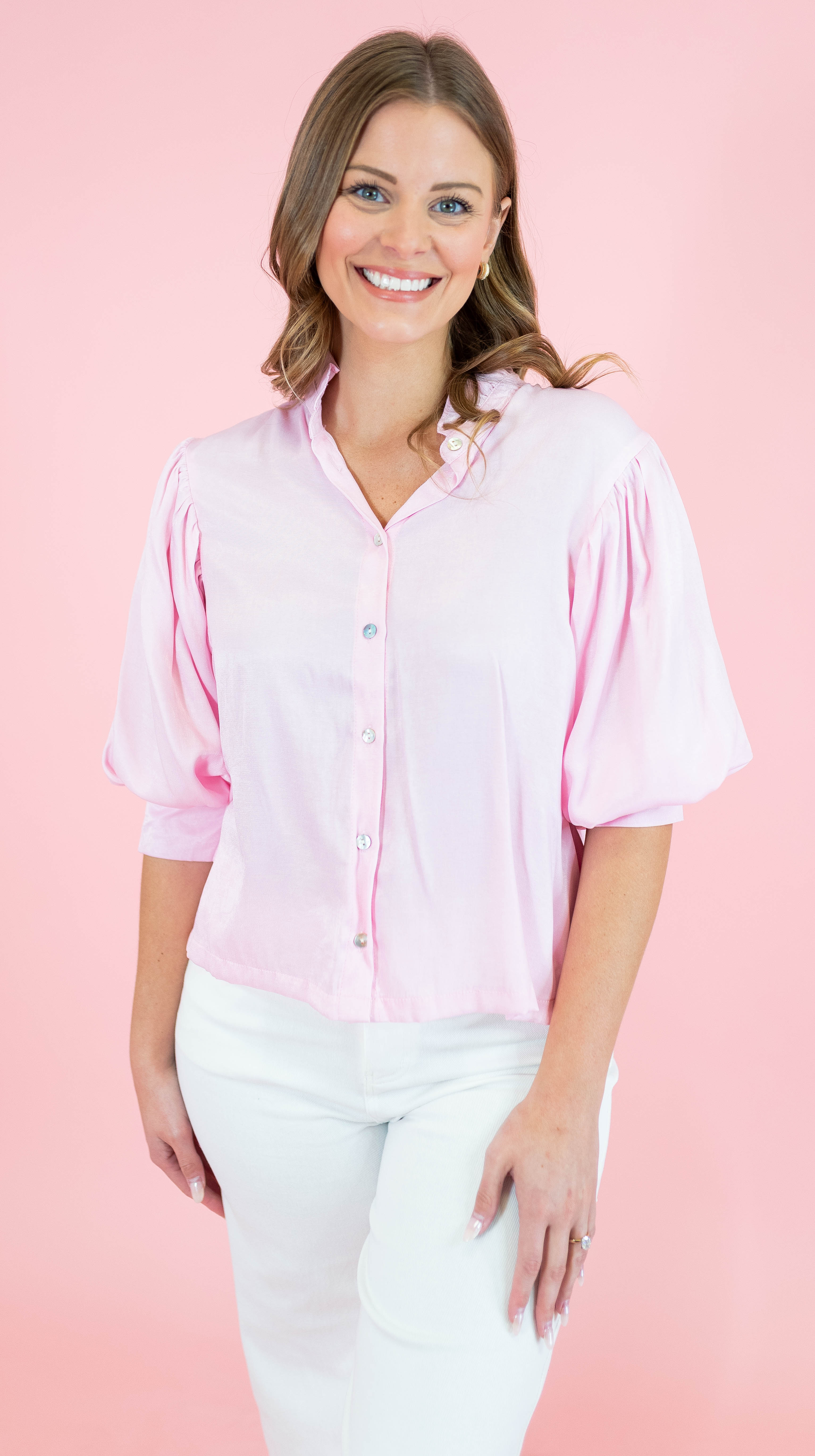 Ruffle Neck Puff Sleeve Blouse - Pink - Obsession Boutique