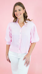 Ruffle Neck Puff Sleeve Blouse - Pink - Obsession Boutique