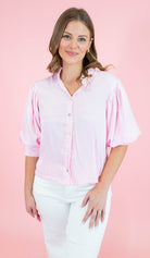 Ruffle Neck Puff Sleeve Blouse - Pink - Obsession Boutique