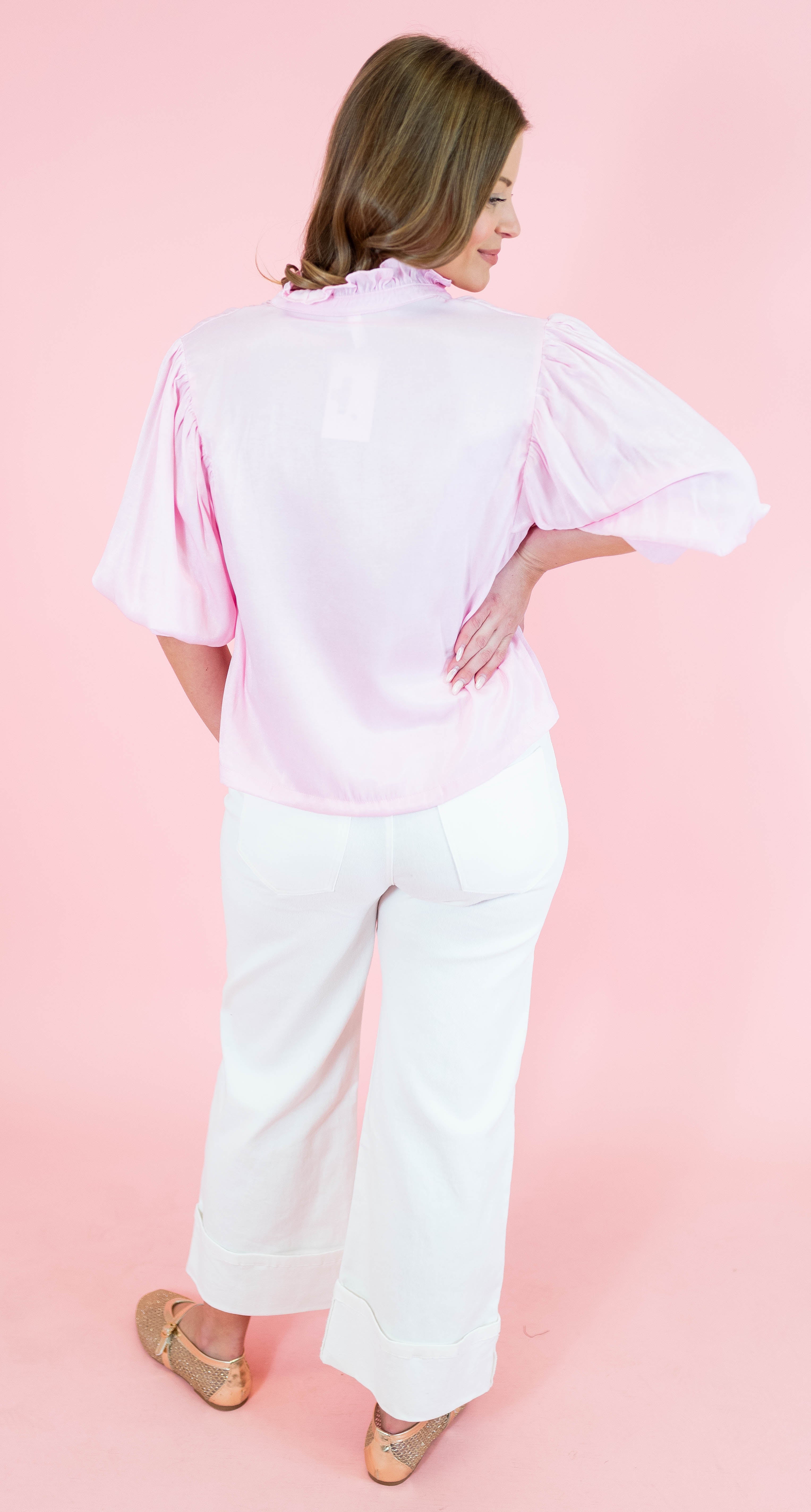 Ruffle Neck Puff Sleeve Blouse - Pink - Obsession Boutique