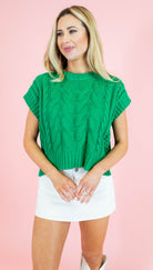 Solid Cable Knit Short Sleeve Sweater - Green - Obsession Boutique