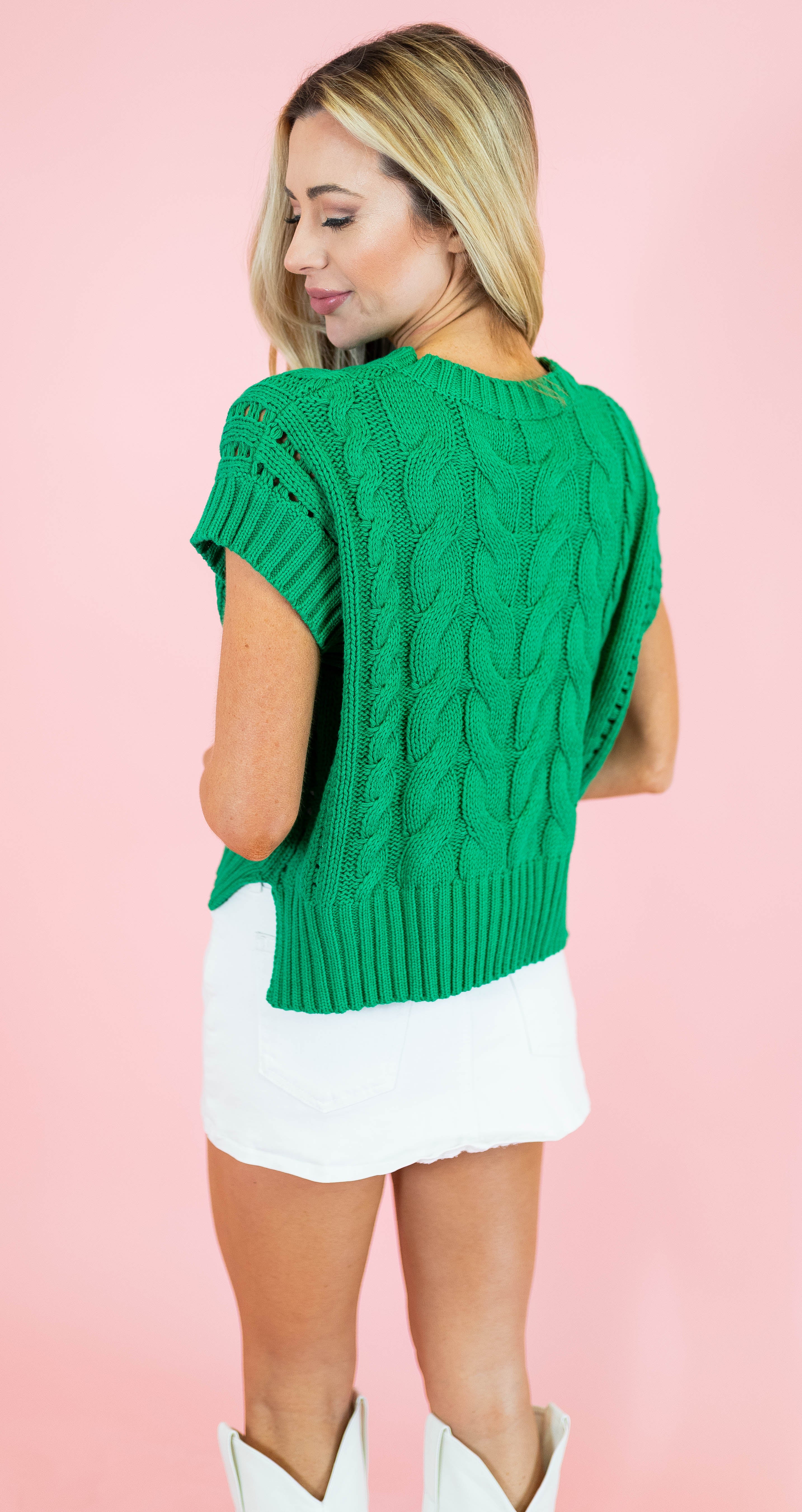 Solid Cable Knit Short Sleeve Sweater - Green - Obsession Boutique