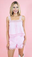 Scallop Embroidered Hem Shorts - Light Pink - Obsession Boutique