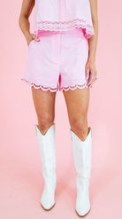 Scallop Embroidered Hem Shorts - Light Pink - Obsession Boutique