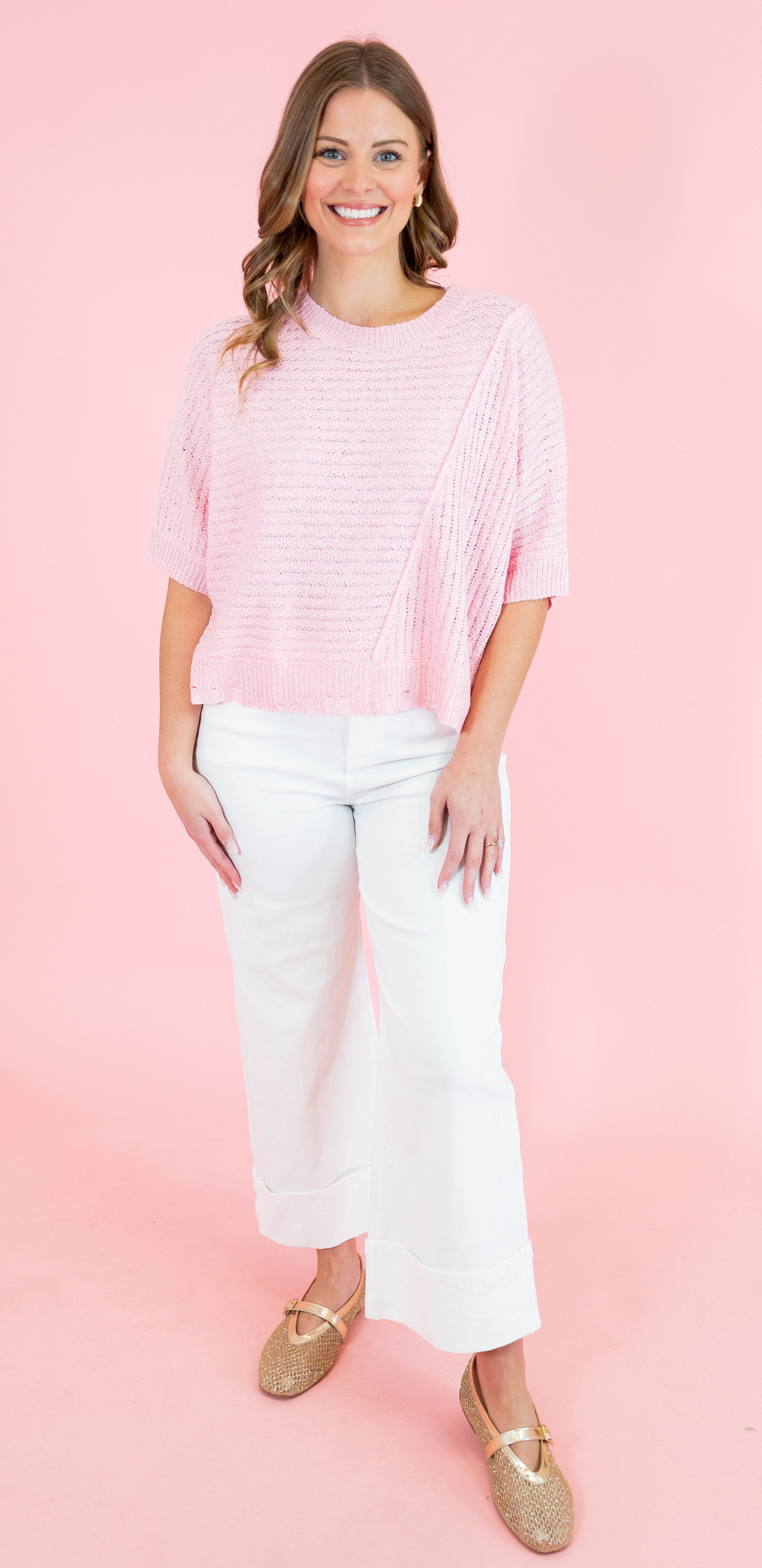 Ribbed Distressed Hem Sweater Top - Light Pink - Obsession Boutique