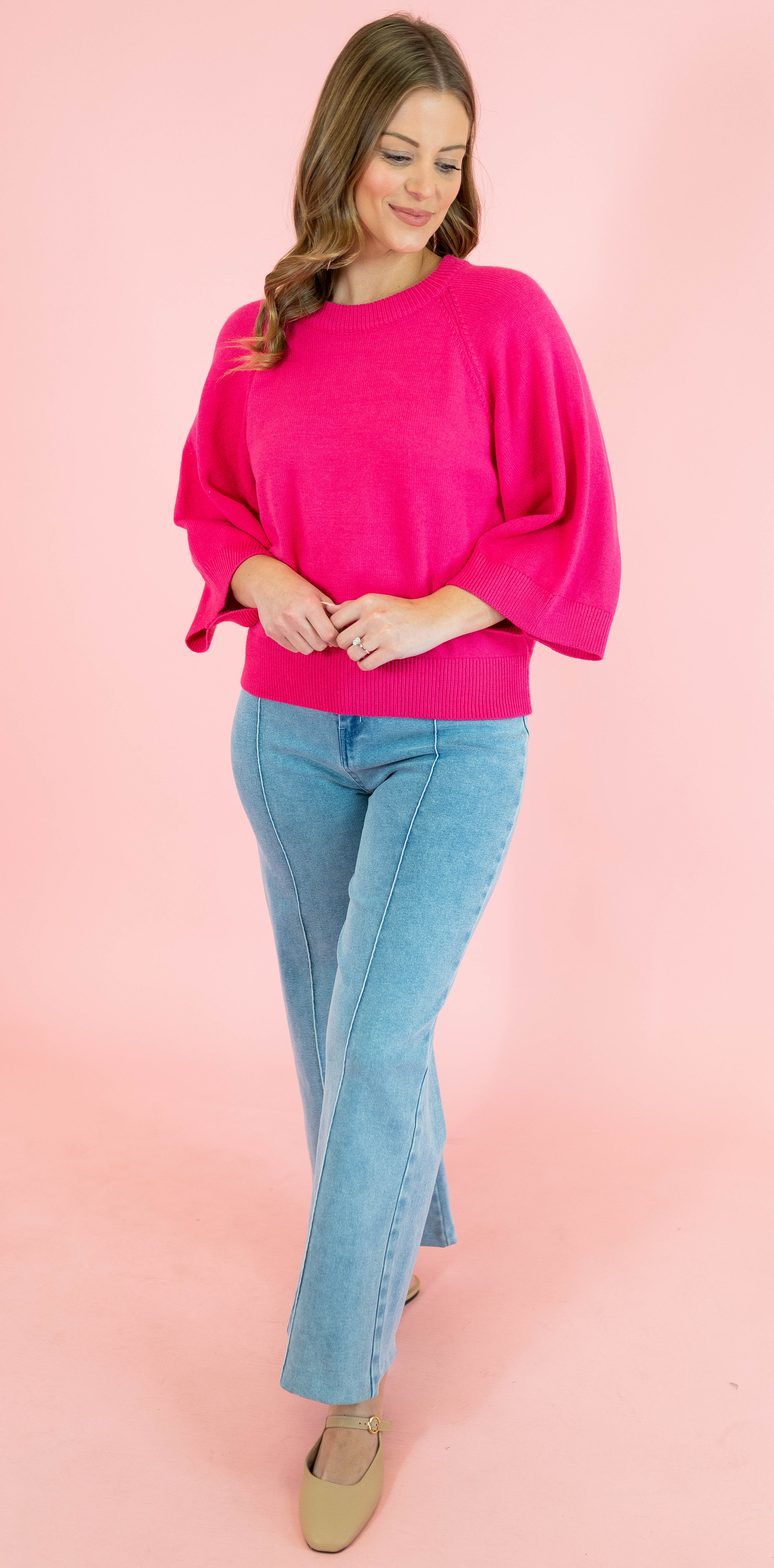 Solid Raglan 3/4 Sleeve Sweater - Obsession Boutique