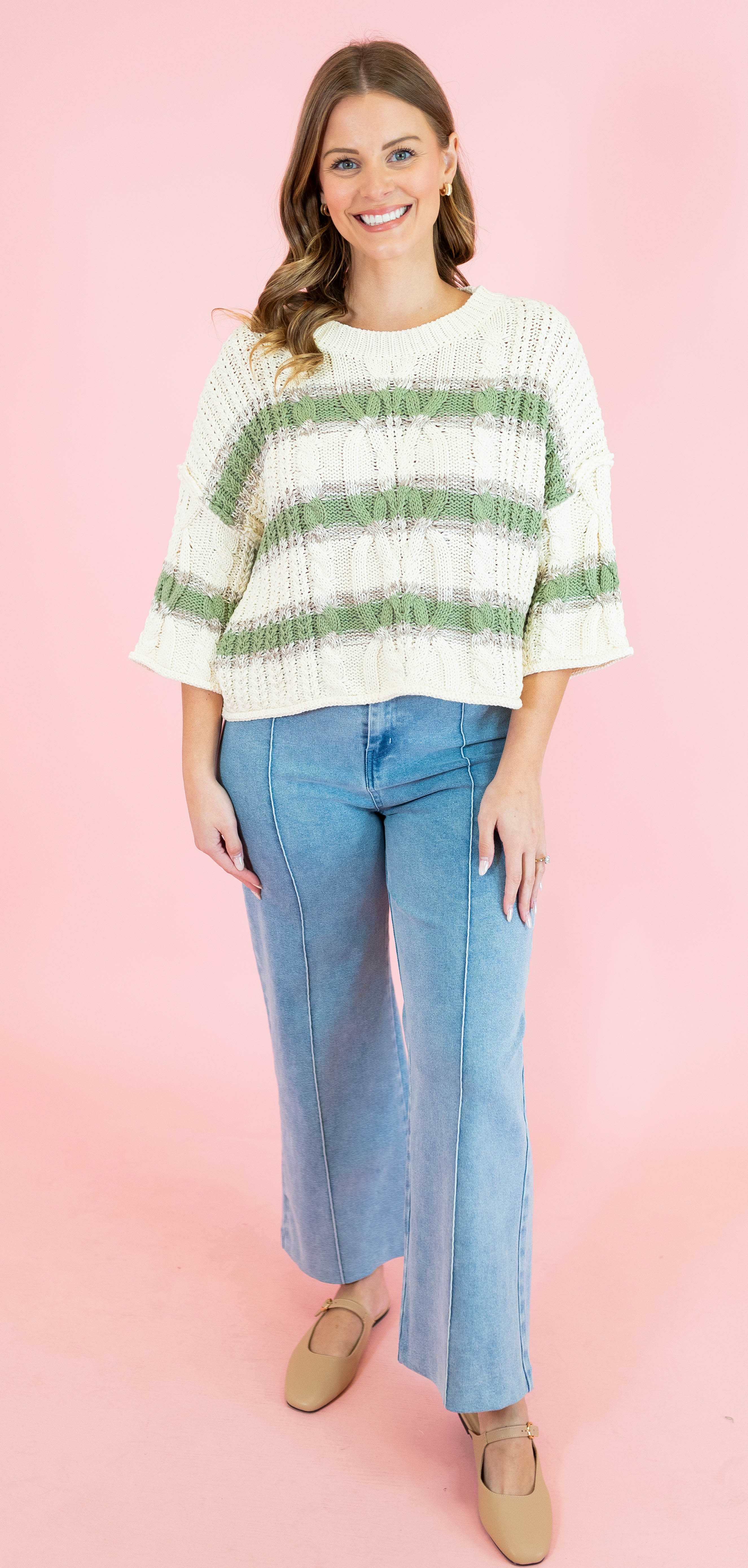 Cable & Stripe 3/4 Sleeve Knit Sweater - Obsession Boutique