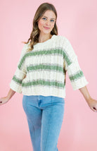 Cable & Stripe 3/4 Sleeve Knit Sweater - Obsession Boutique