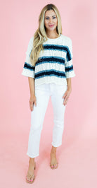 Cable & Stripe 3/4 Sleeve Knit Sweater - Obsession Boutique