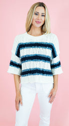 Cable & Stripe 3/4 Sleeve Knit Sweater - Obsession Boutique