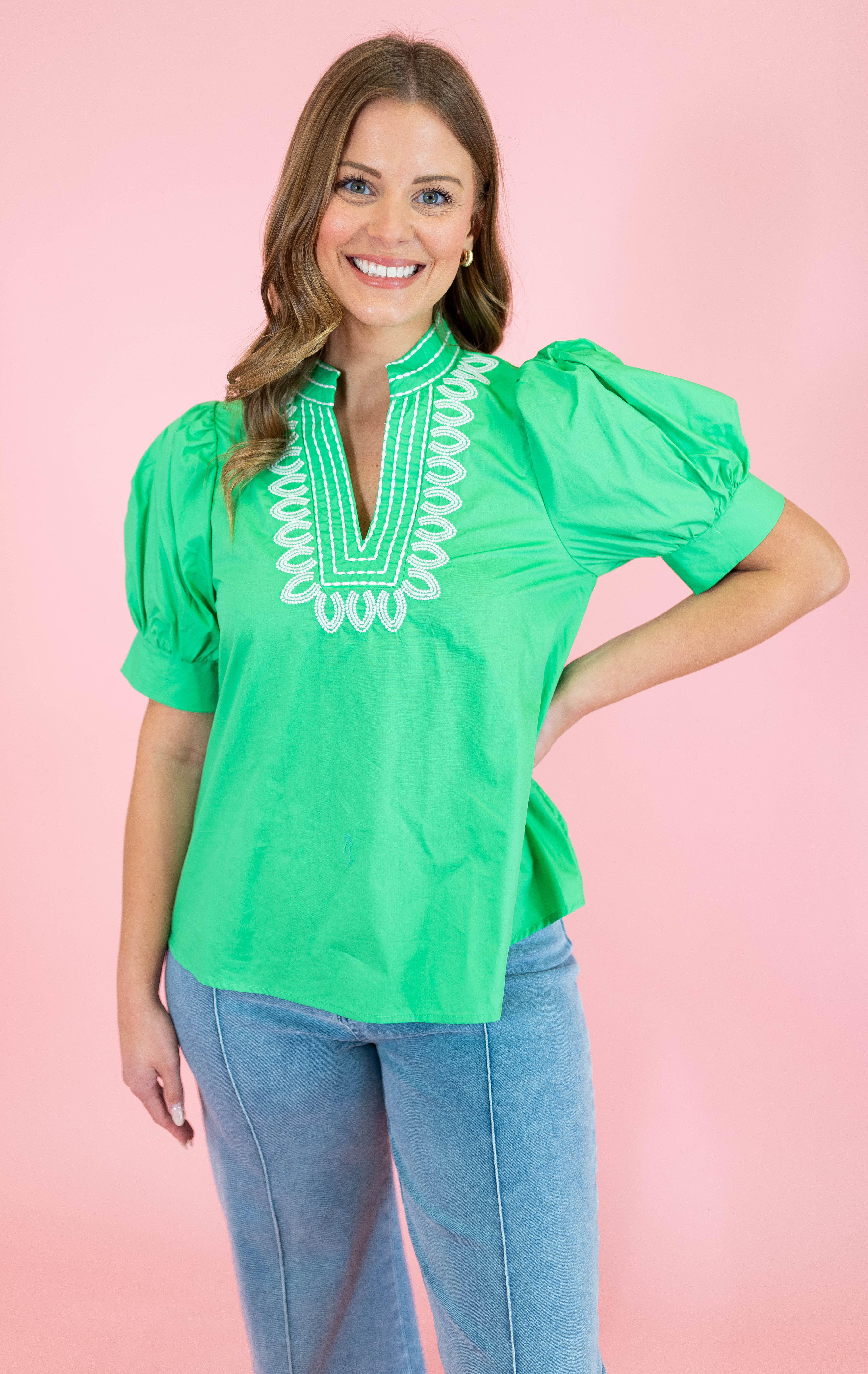 Stitched Charm Puff Sleeve Top - Obsession Boutique