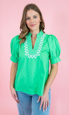 Stitched Charm Puff Sleeve Top - Obsession Boutique