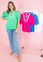 Stitched Charm Puff Sleeve Top - Obsession Boutique