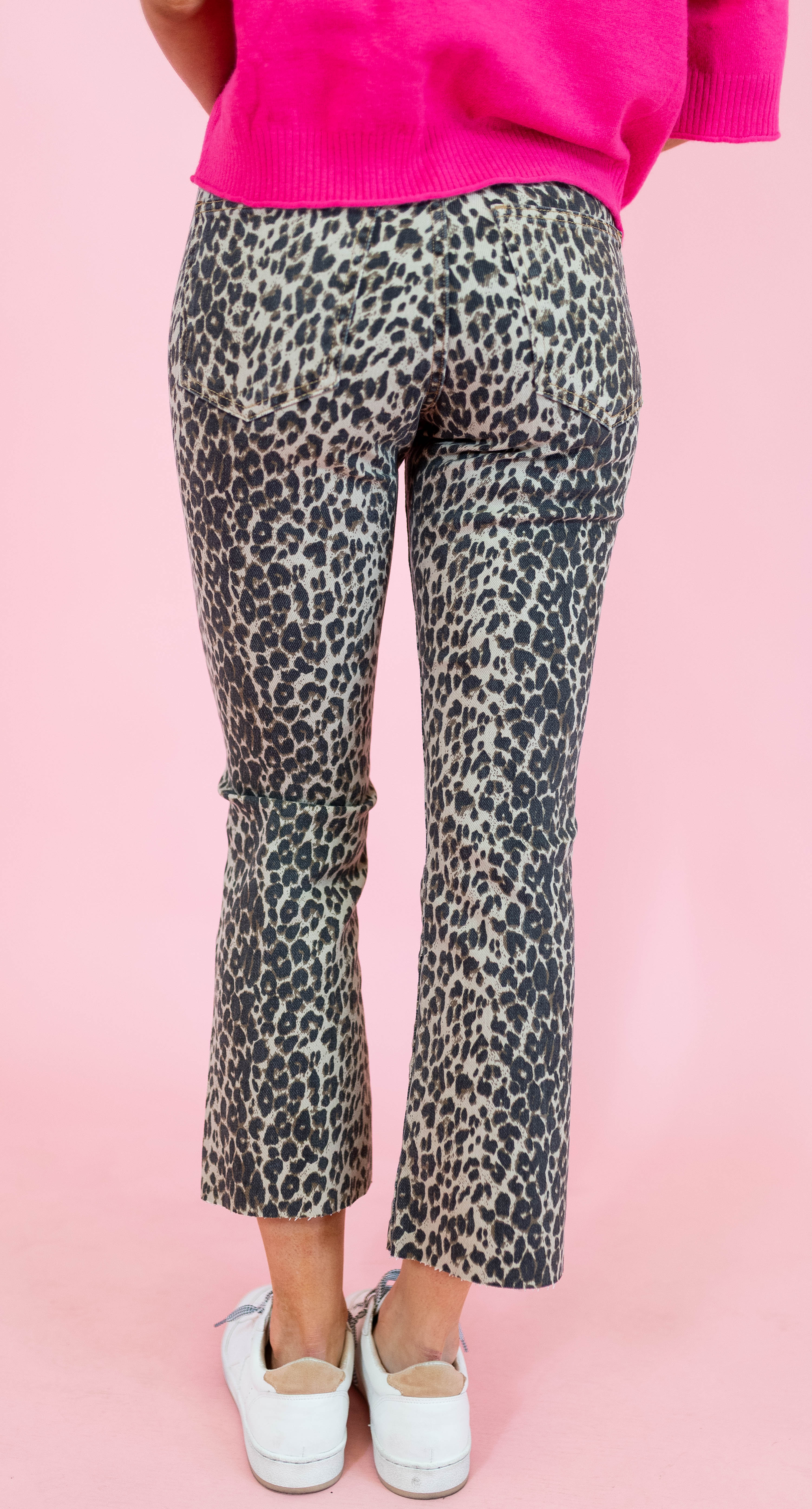 High Rise Crop Flare Distressed Hem Jeans - Leopard - Obsession Boutique