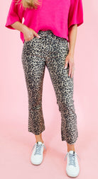 High Rise Crop Flare Distressed Hem Jeans - Leopard - Obsession Boutique