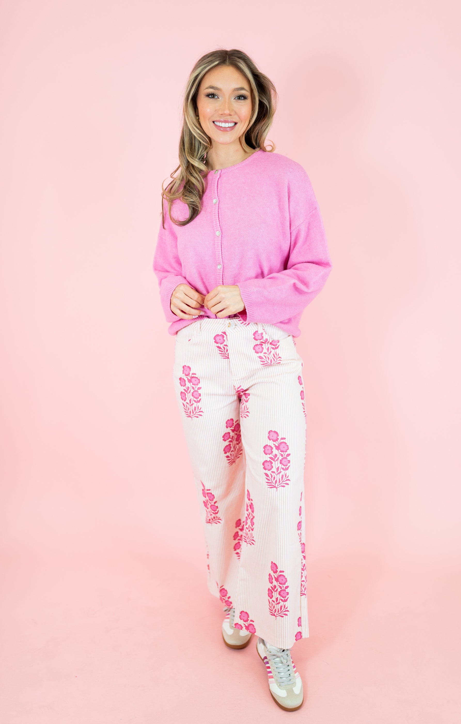 Long Sleeve Soft Crew Neck Sweater Cardigan - Pink - Obsession Boutique