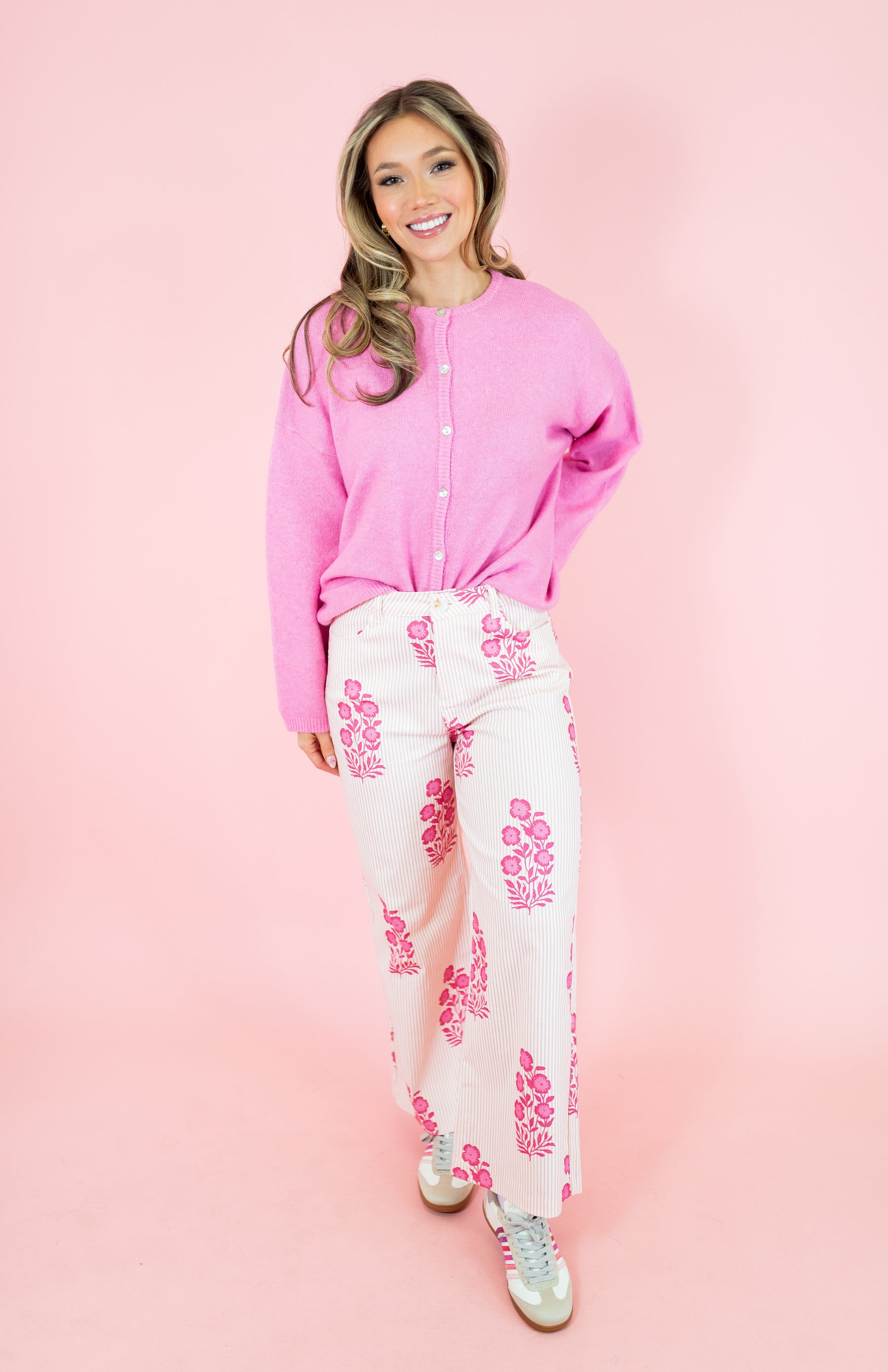 Long Sleeve Soft Crew Neck Sweater Cardigan - Pink - Obsession Boutique