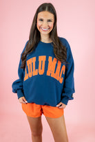 Lulu Mac: Navy & Orange Stitch Sweatshirt - Obsession Boutique