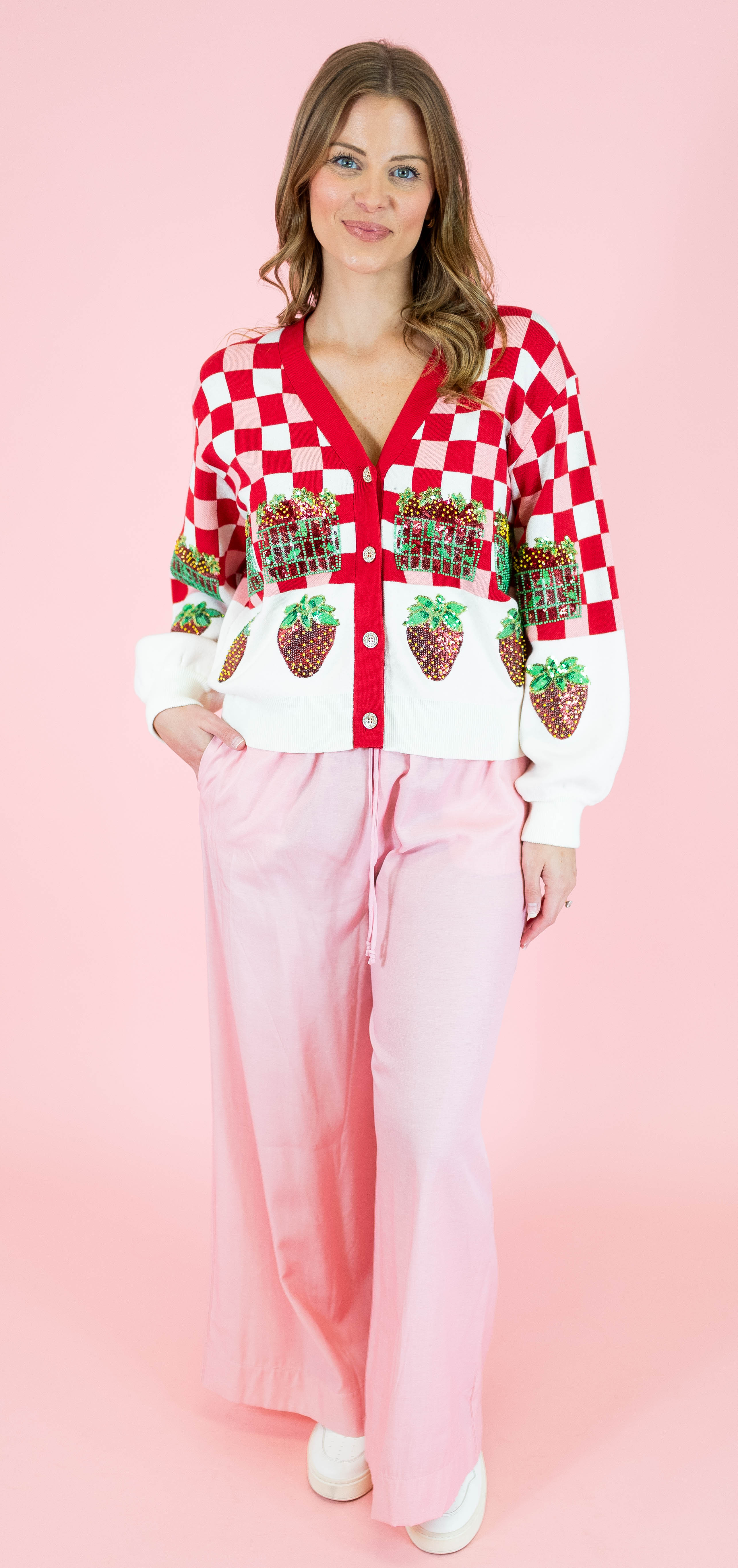 Queen Of Sparkles: Checkered Strawberry Button Up Cardigan - Obsession Boutique
