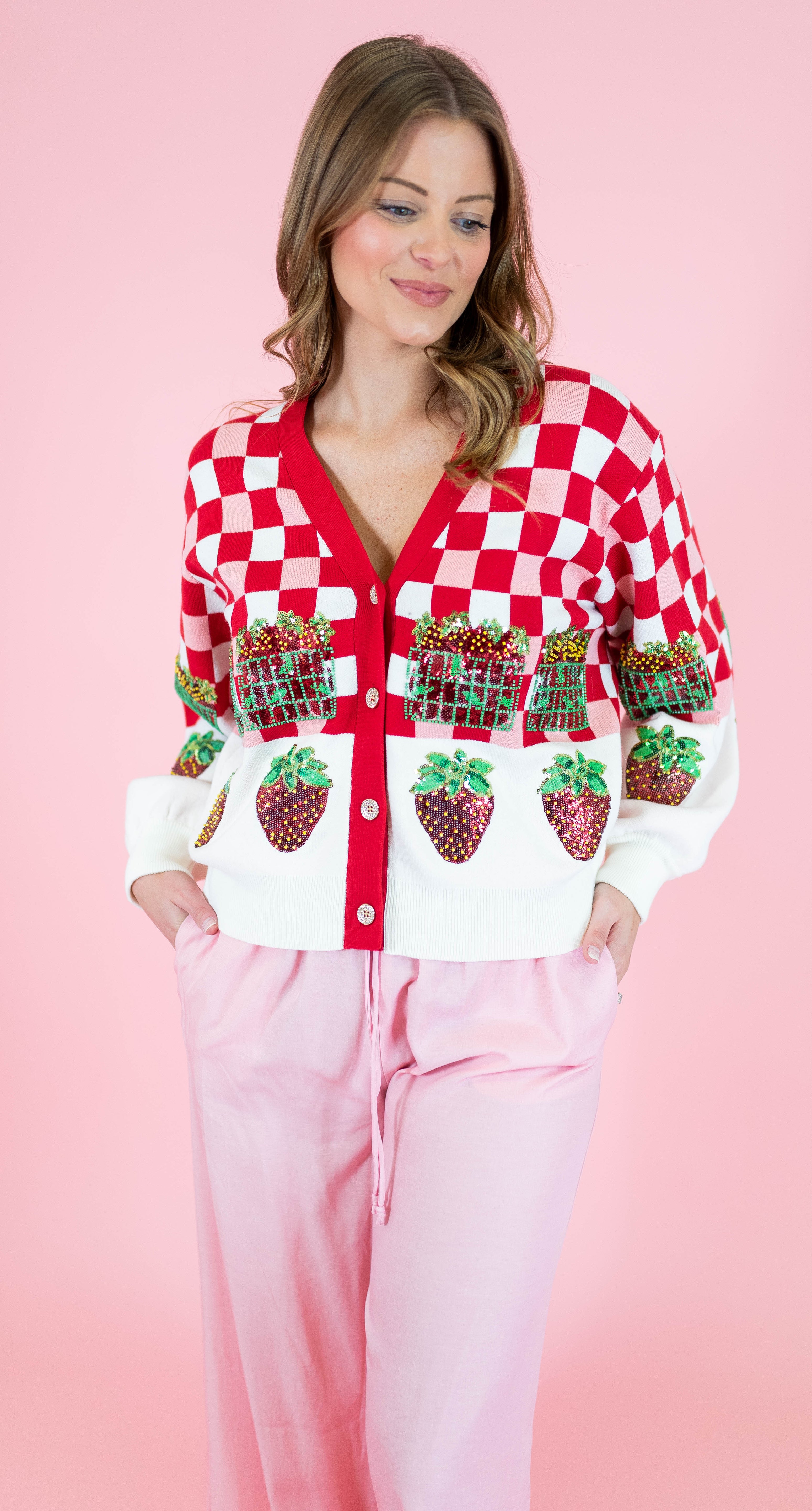 Queen Of Sparkles: Checkered Strawberry Button Up Cardigan - Obsession Boutique