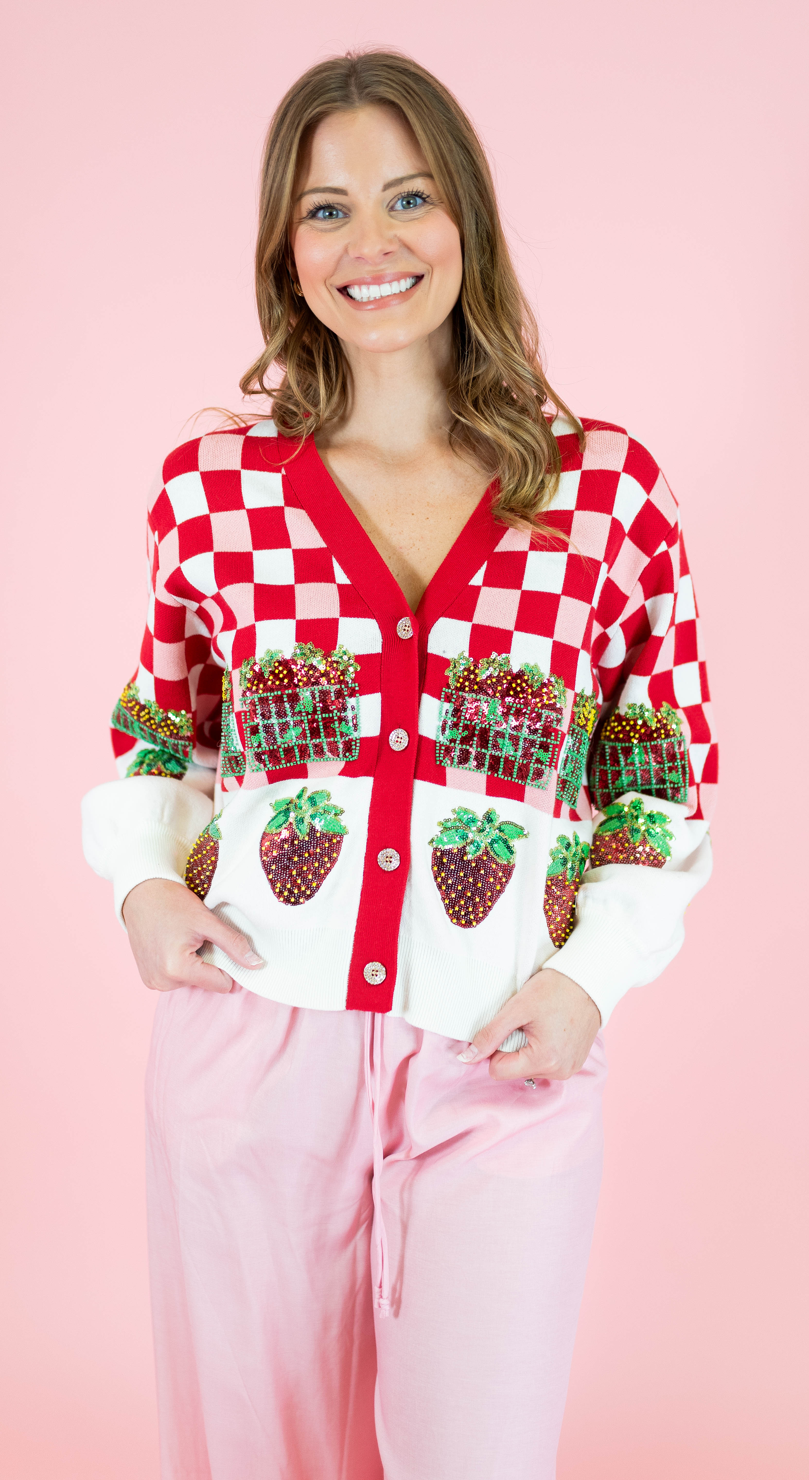 Queen Of Sparkles: Checkered Strawberry Button Up Cardigan - Obsession Boutique