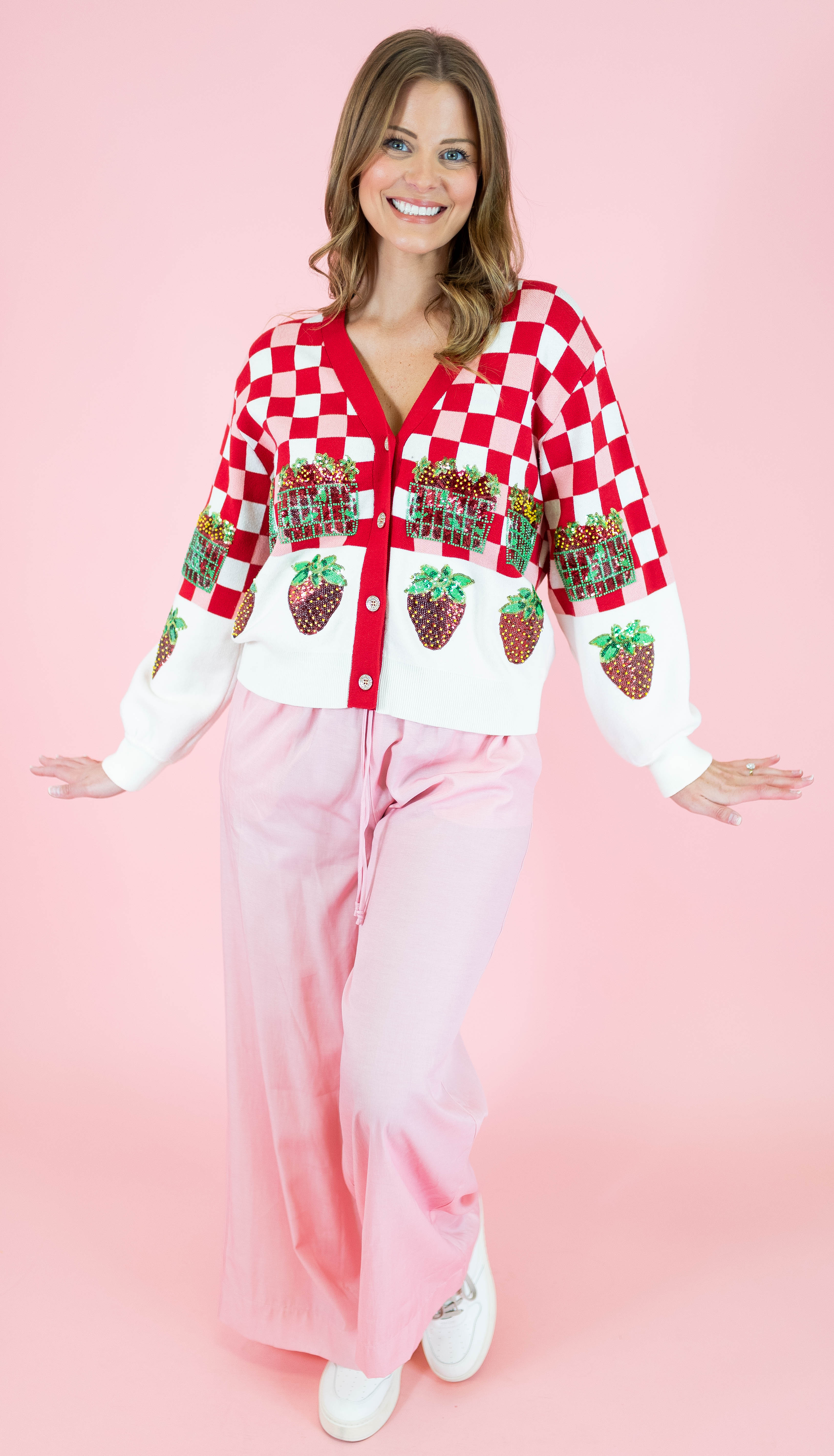 Queen Of Sparkles: Checkered Strawberry Button Up Cardigan - Obsession Boutique