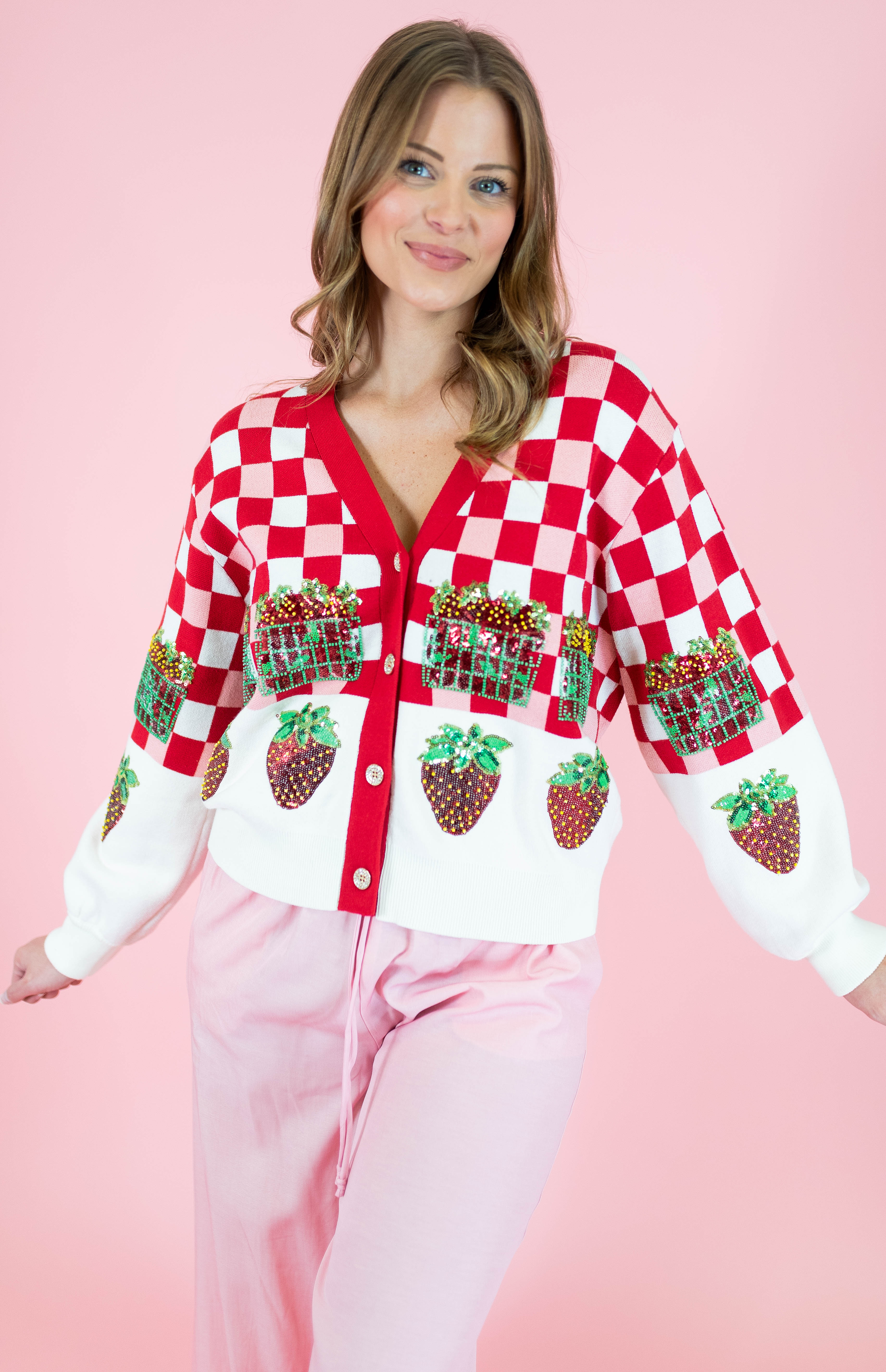 Queen Of Sparkles: Checkered Strawberry Button Up Cardigan - Obsession Boutique
