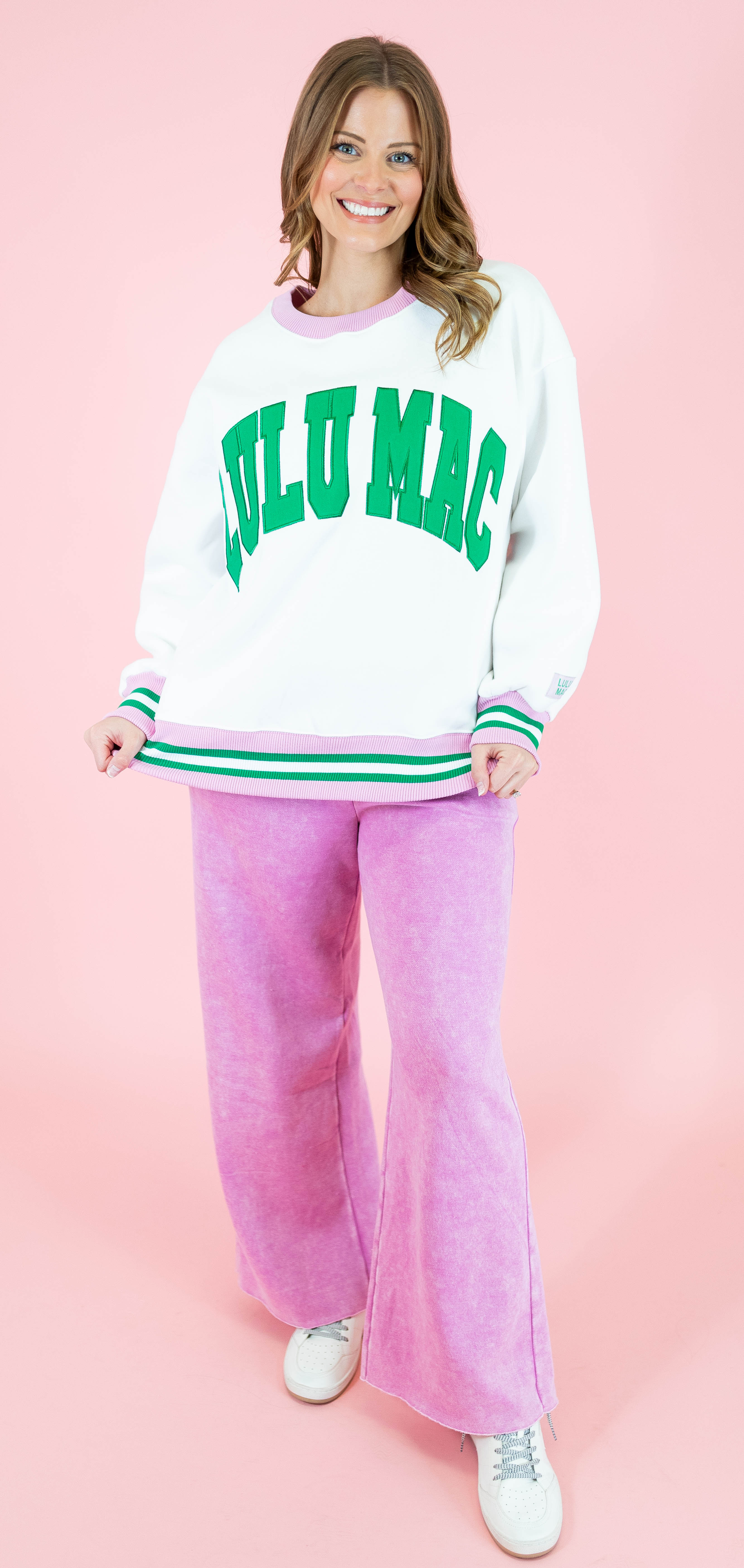 Lulu Mac: White & Green Stitch Sweatshirt - Obsession Boutique