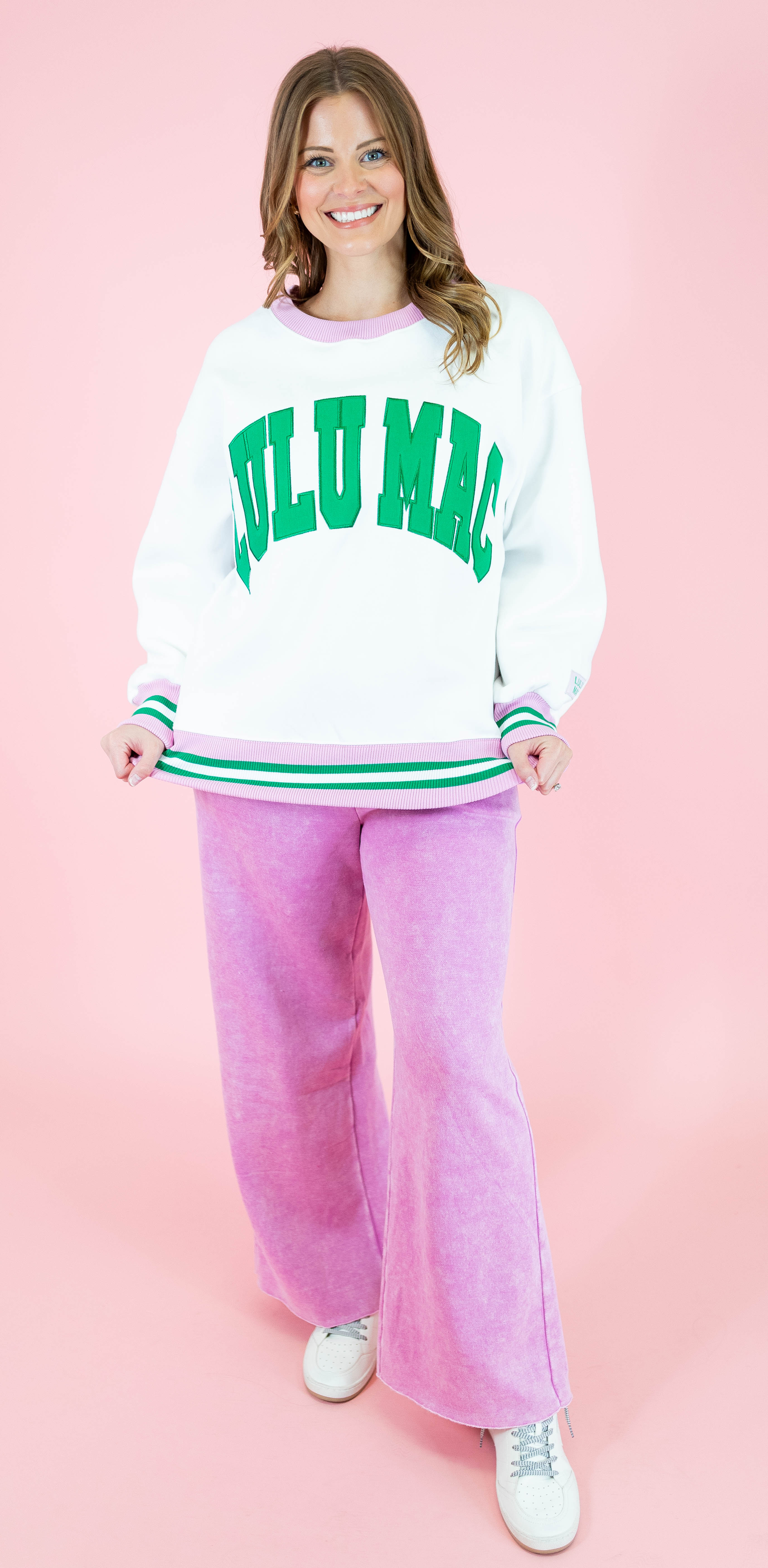 Lulu Mac: White & Green Stitch Sweatshirt - Obsession Boutique