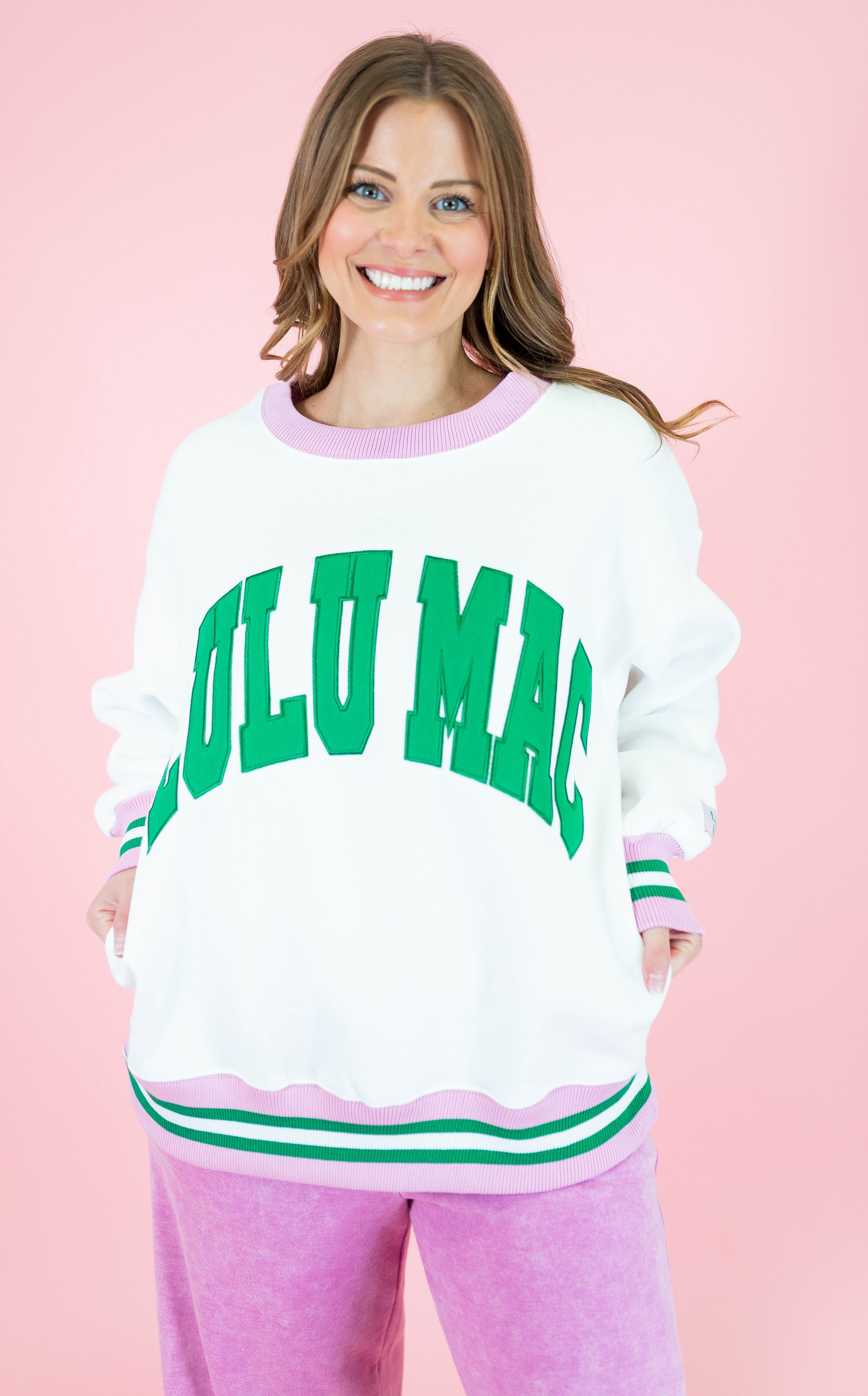 Lulu Mac: White & Green Stitch Sweatshirt - Obsession Boutique
