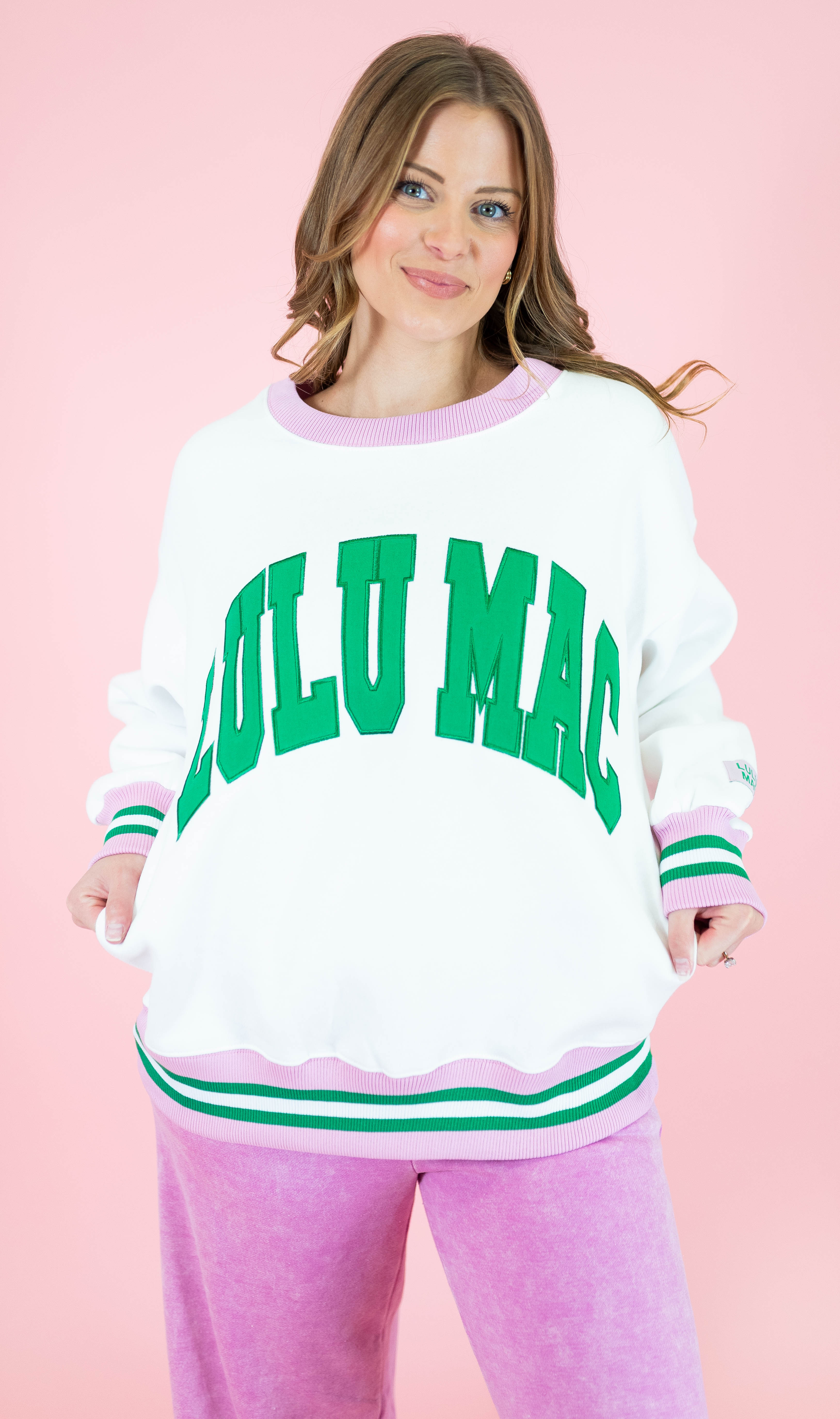 Lulu Mac: White & Green Stitch Sweatshirt - Obsession Boutique