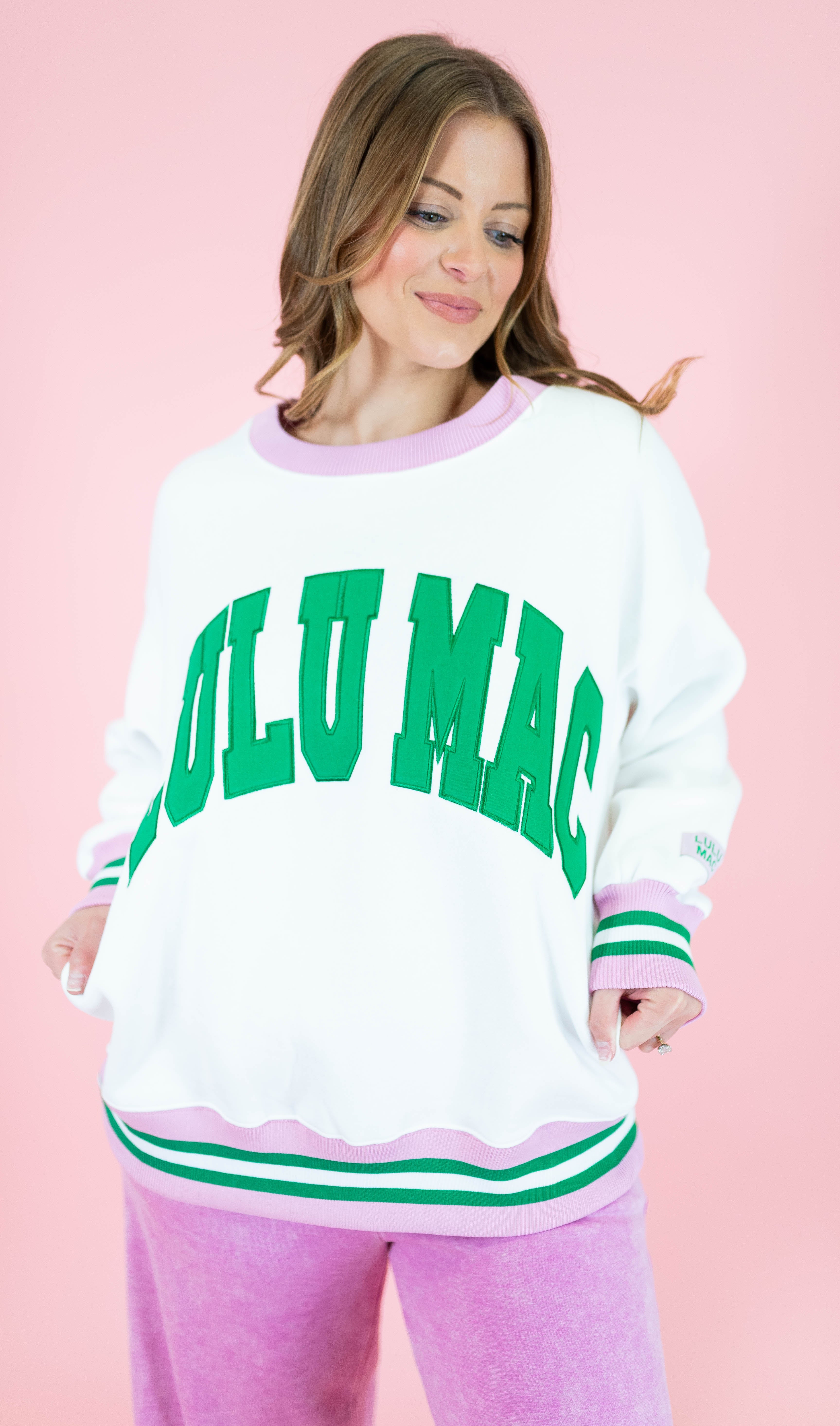 Lulu Mac: White & Green Stitch Sweatshirt - Obsession Boutique