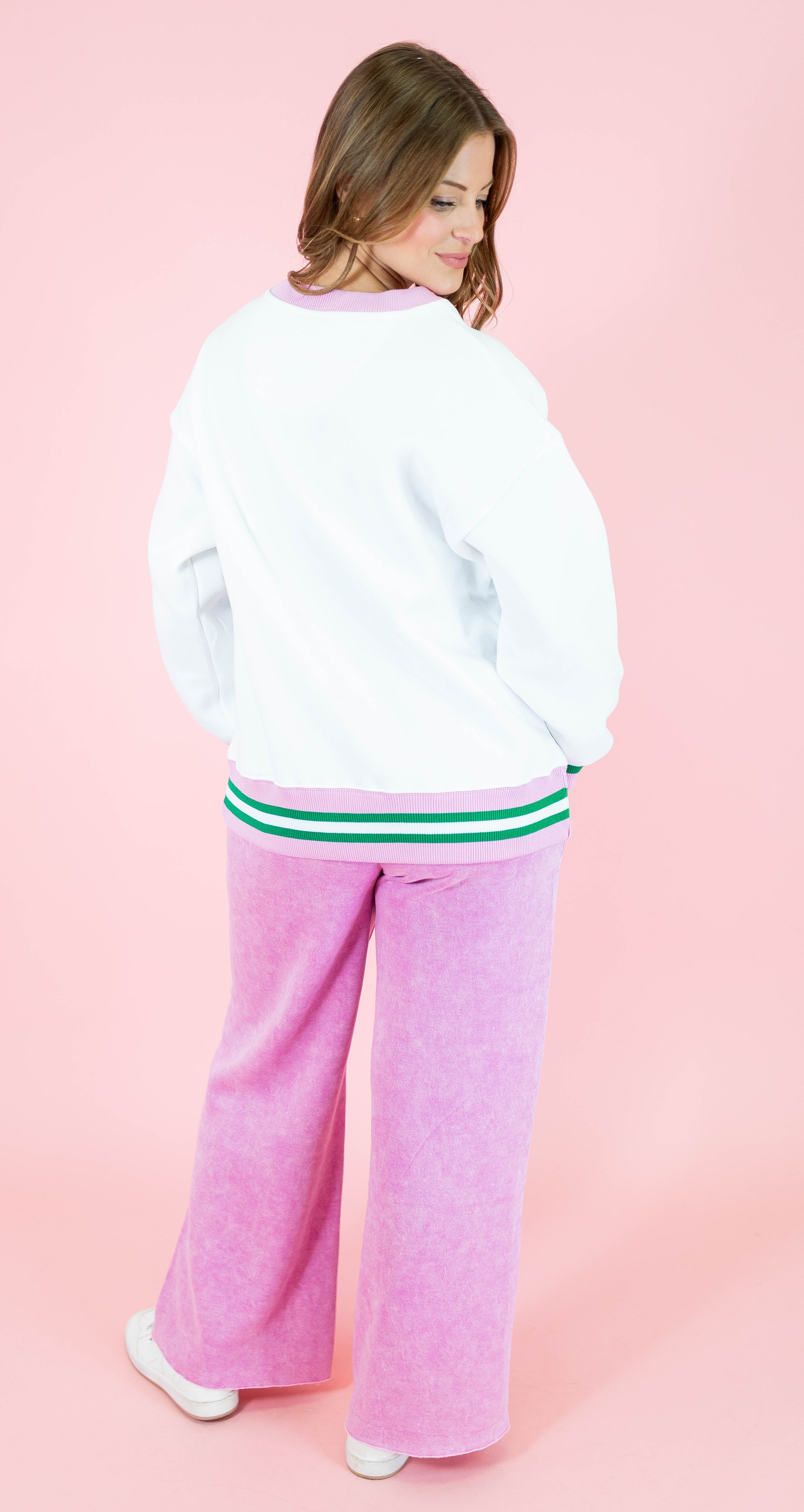 Lulu Mac: White & Green Stitch Sweatshirt - Obsession Boutique
