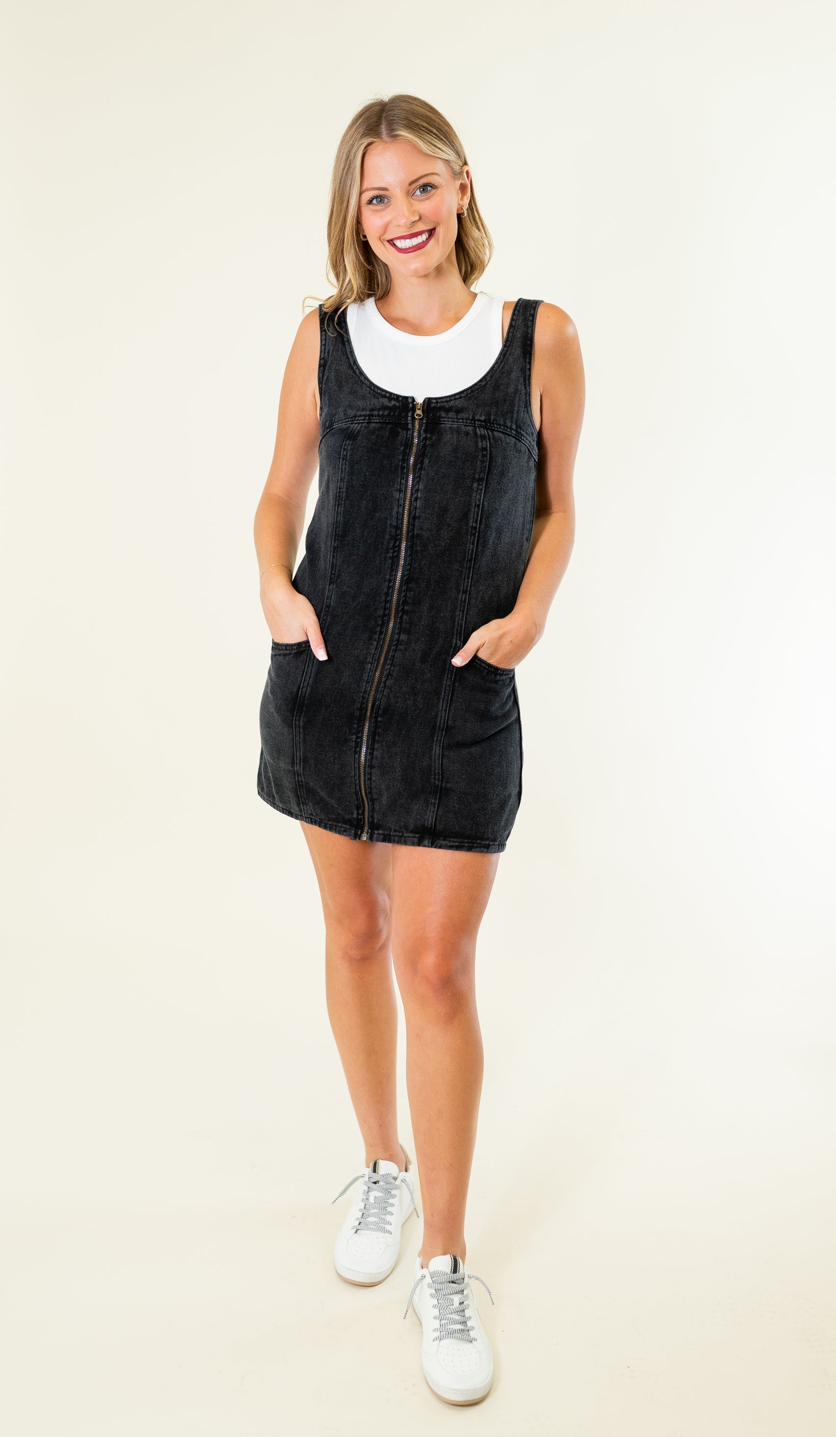 Front Zip Denim Dress Black