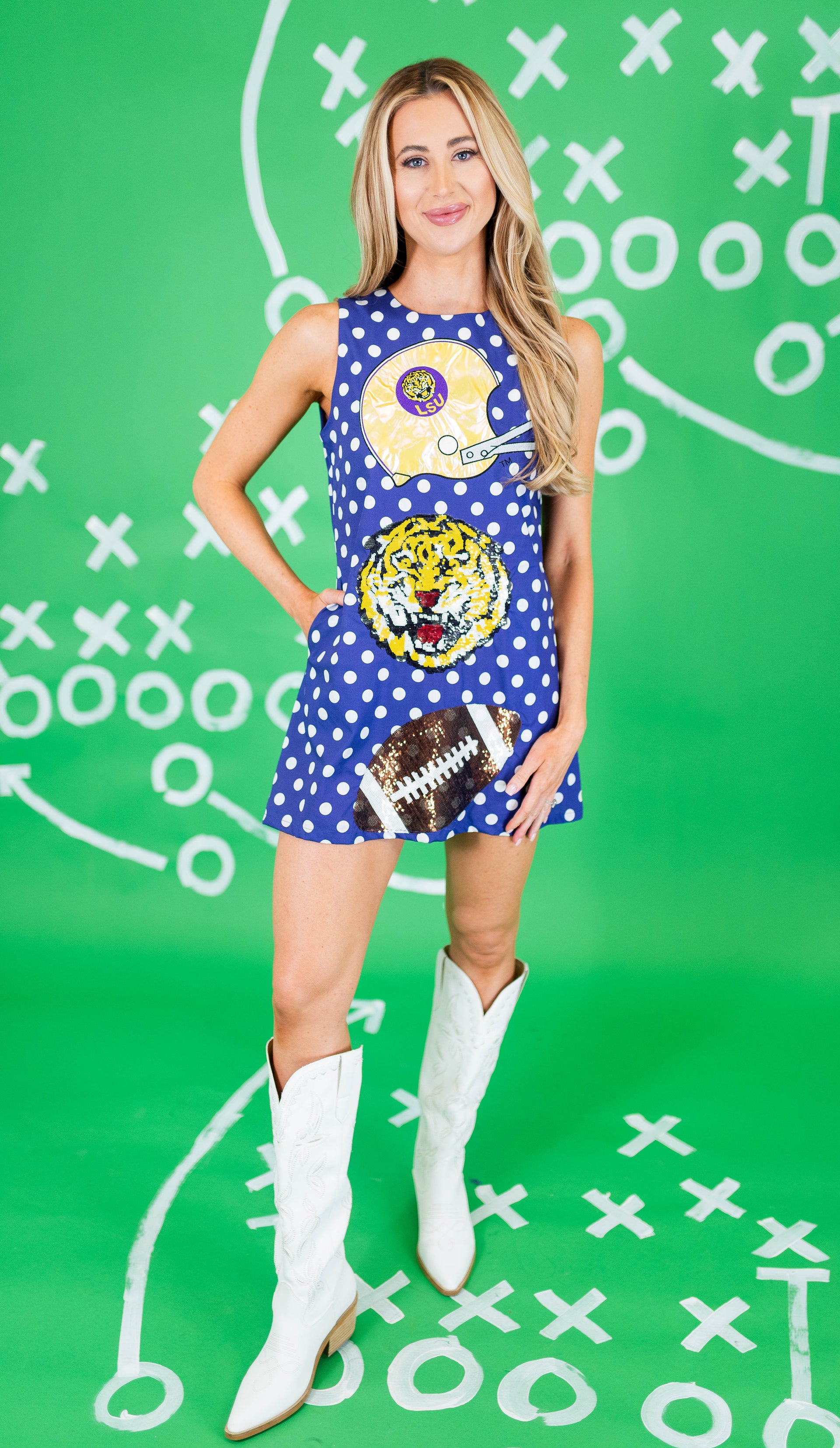 lsu dress for ladies Queen Of Sparkles: LSU Football & Helmet Icon Polka Dot Dress Purple / XS