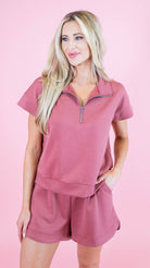Zenana Scuba High Neck Half Zip Top & Shorts Set - Obsession Boutique