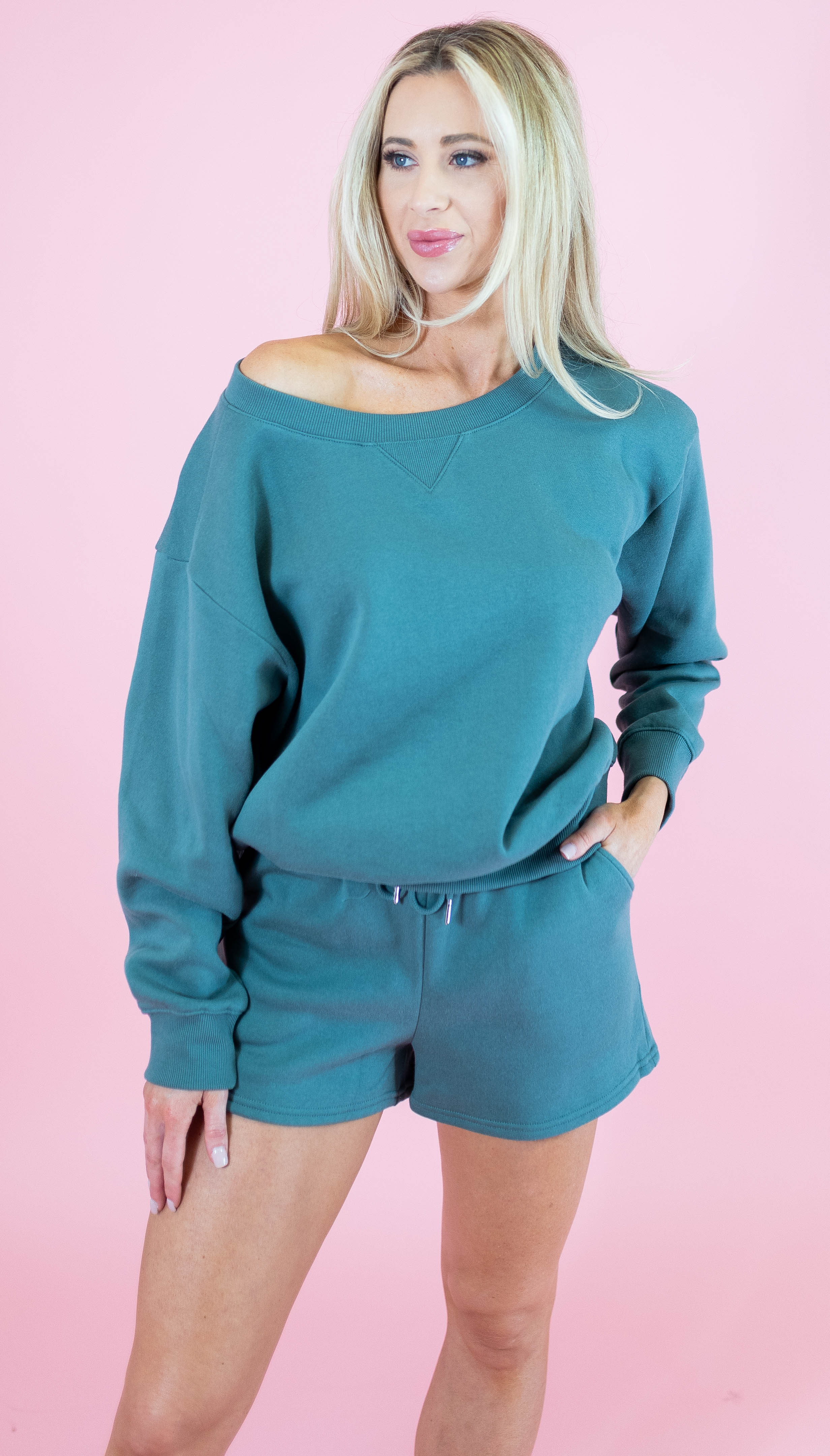 Zenana Fleece Boat Neck Sweatshirt & Shorts Set - Obsession Boutique