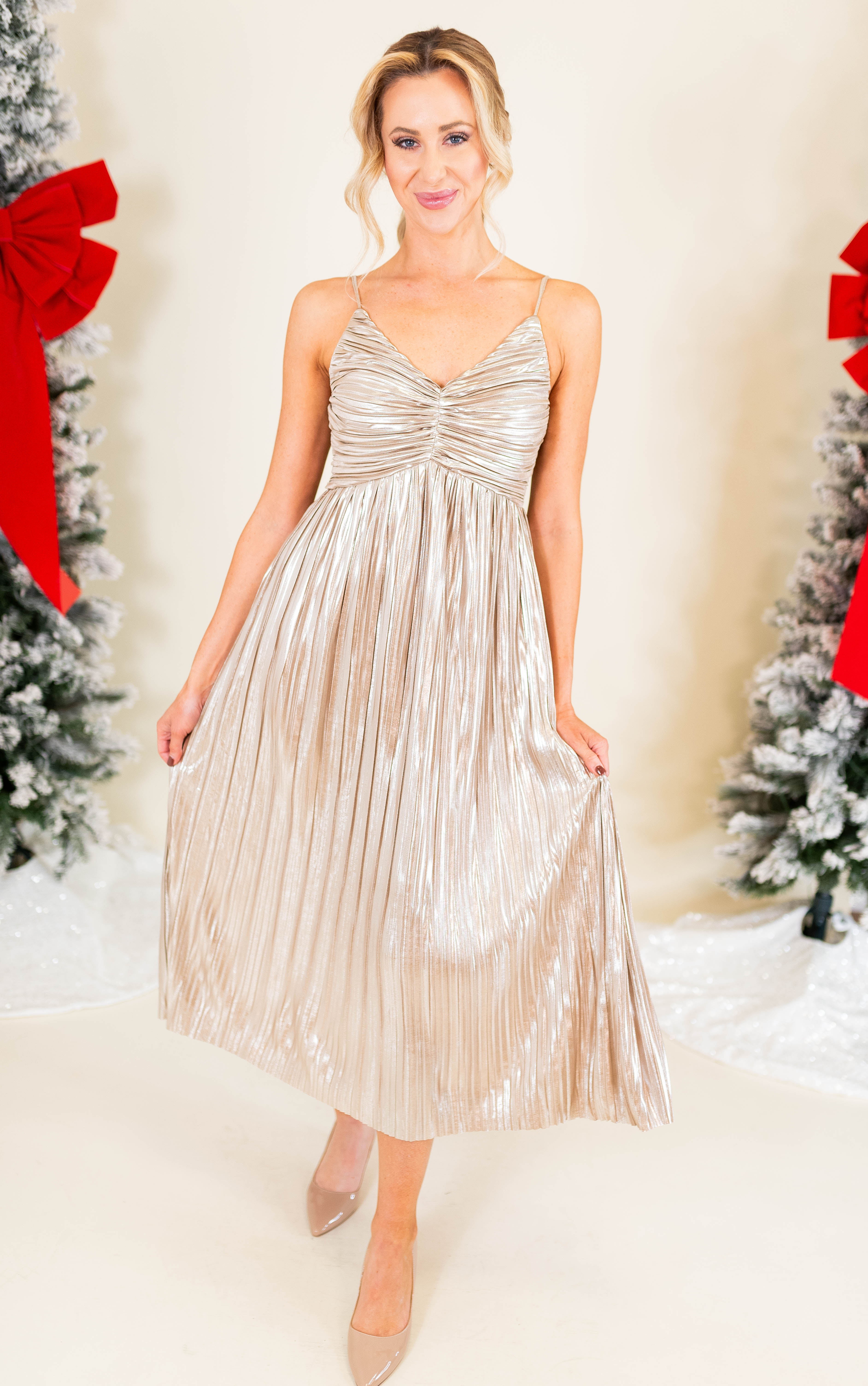 Metallic Pleated Midi Dress - Main Image