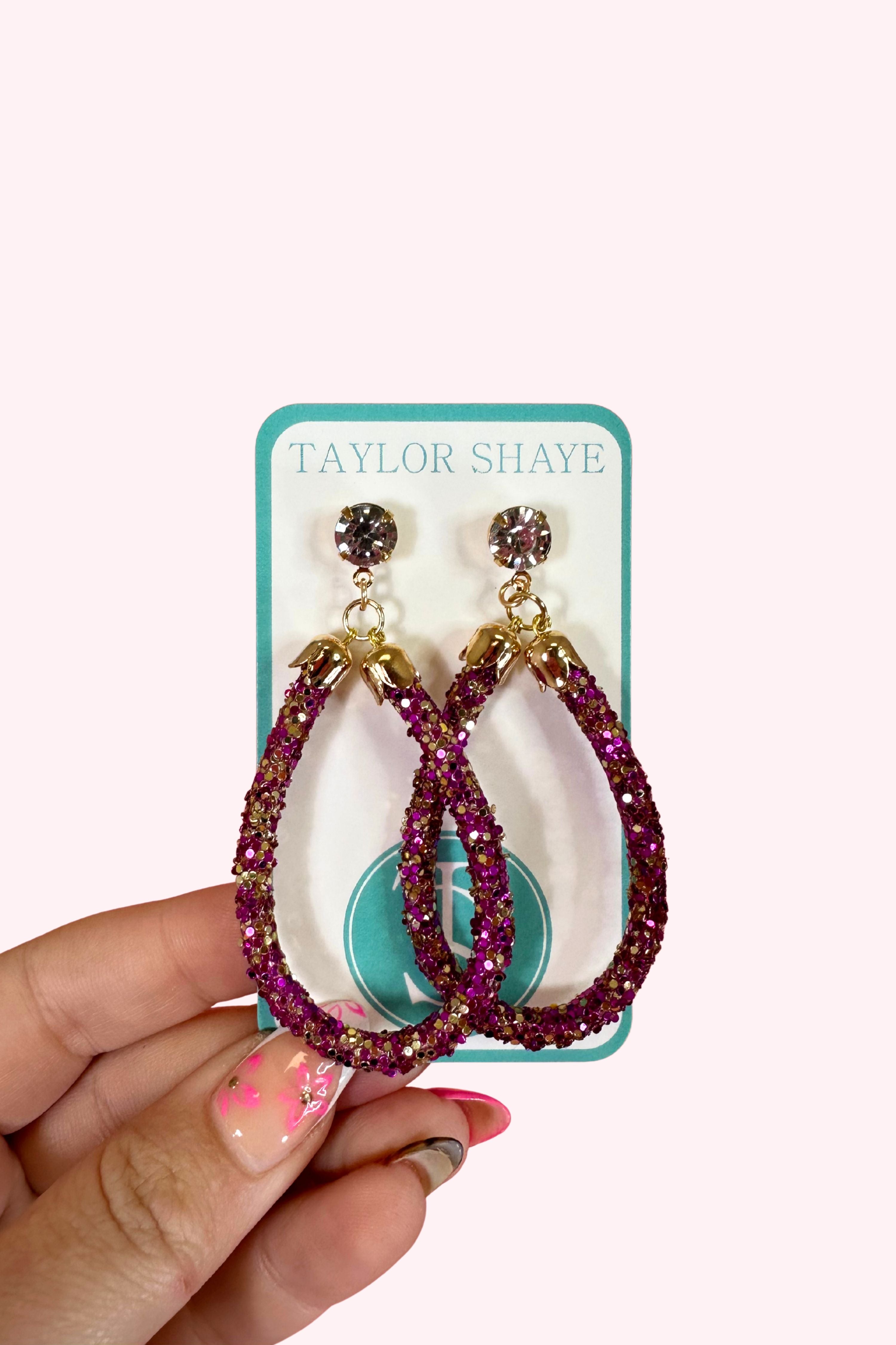 Taylor Shaye: Gameday Glitter Teardrop Earrings - Purple/Gold - Obsession Boutique