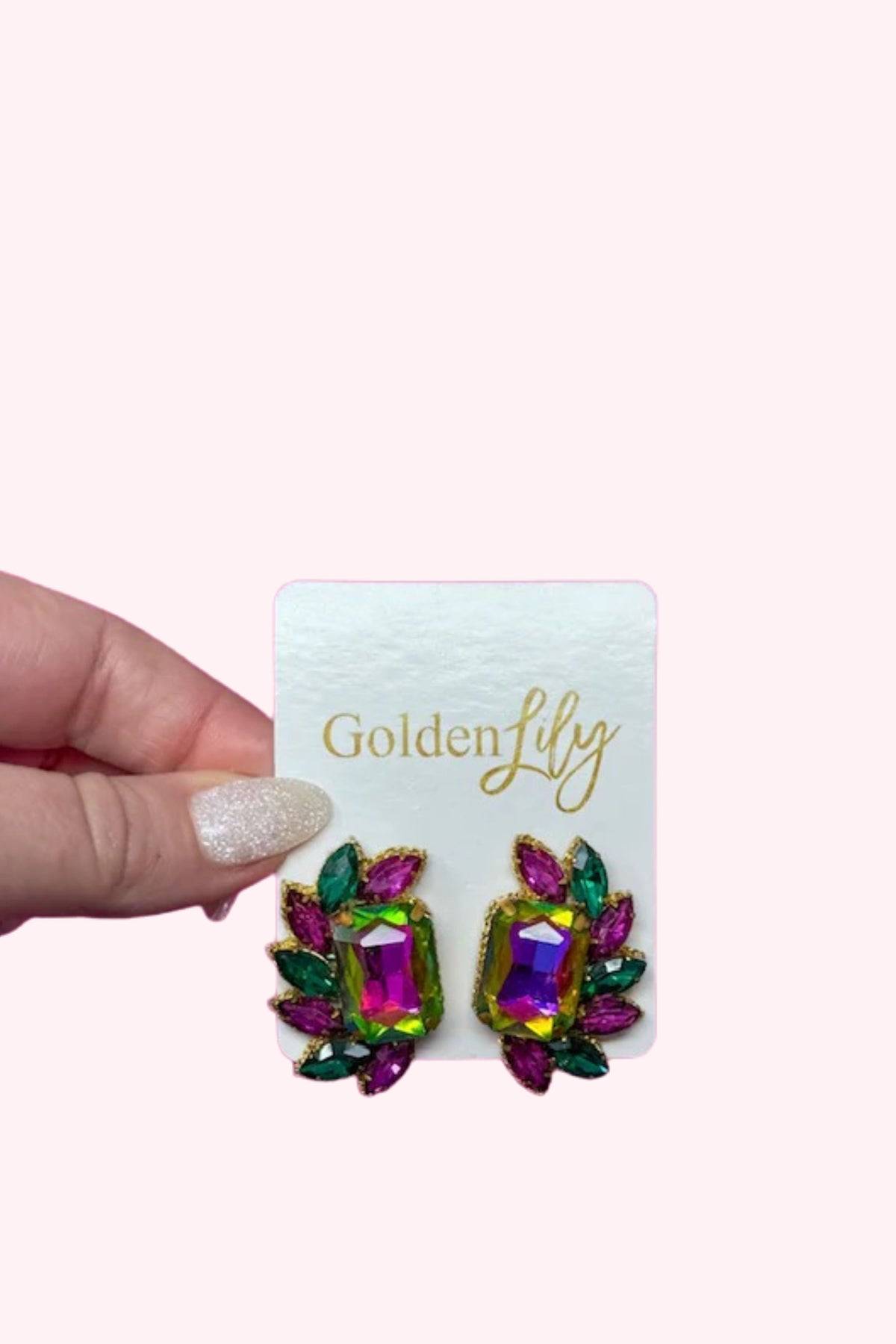 Golden Lily: Mardi Gras Iridescent Fan Stud Earrings - Obsession Boutique