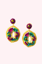 Golden Lily: Mardi Gras Rhinestone King Cake Dangle Earrings - Obsession Boutique
